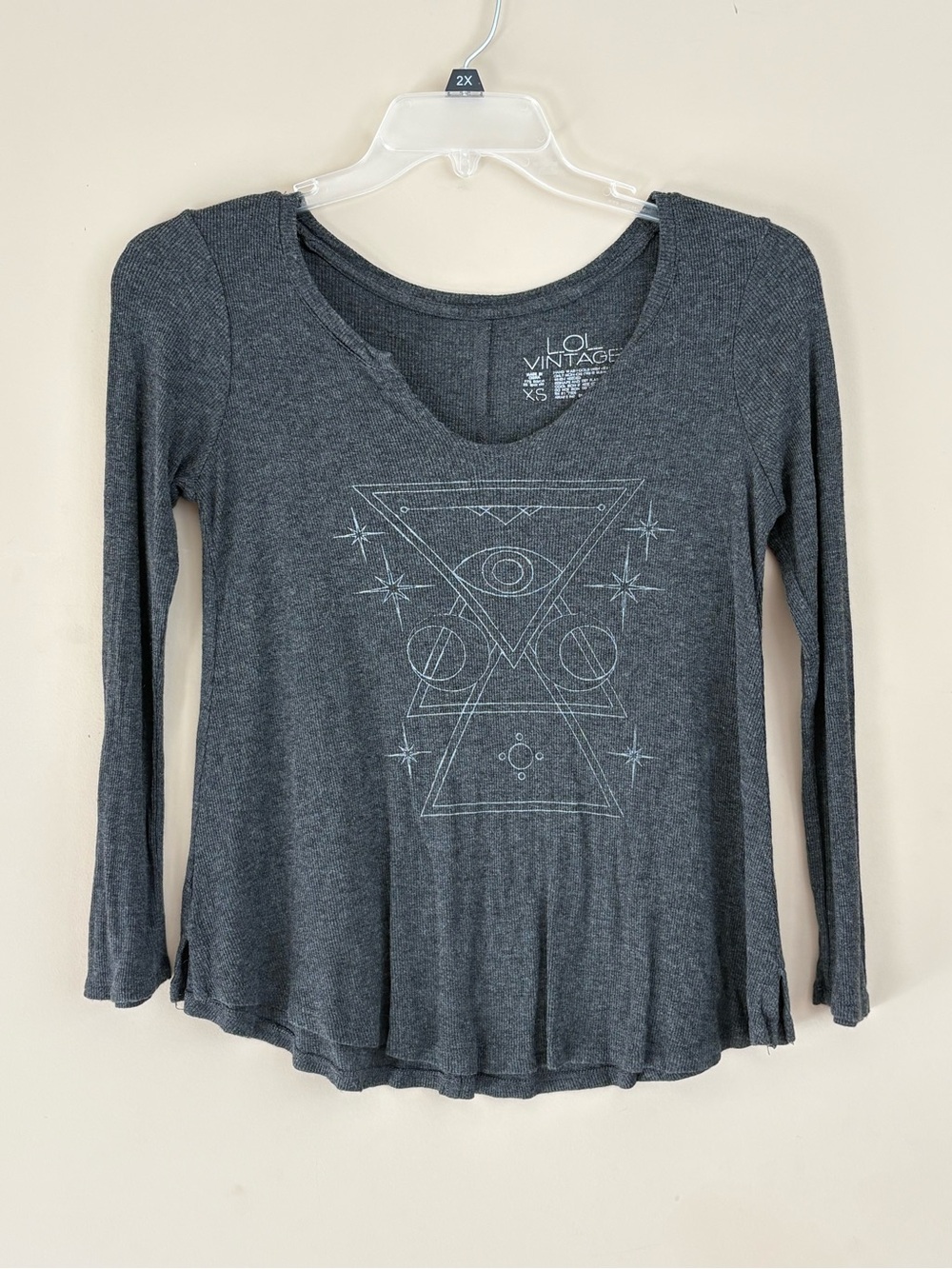 L.O.L. Vintage Charcoal Graphic Long Sleeve Tee with Geometric Print